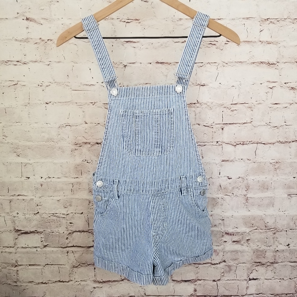 PacSun Blue & White Stripe Denim Overall Shorts - Picture 1 of 7